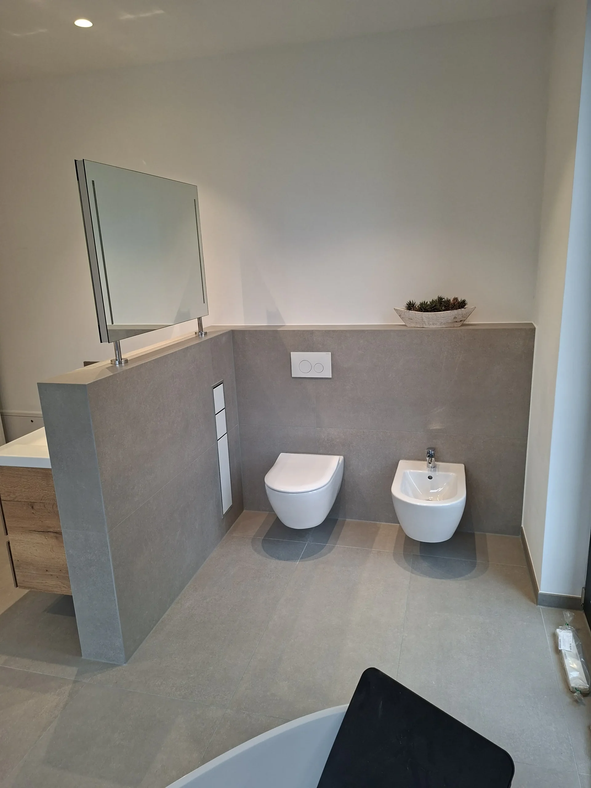 Walk-in Dusche mit Glaswand und großformatigen Fliesen